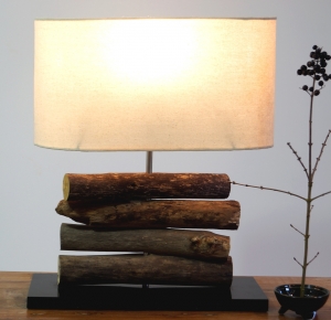 Table lamp/table lamp, handmade in Bali unique piece of natural material, driftwood, cotton - model Mukata - 42x34x16 cm 