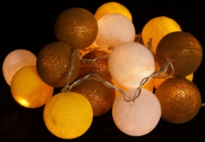 Fabric ball light chain, LED ball lantern light chain - yellow/brown/white