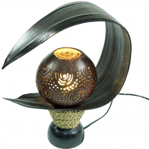 Palm leaf table lamp/table lamp, handmade in Bali from natural material, palm wood - model Palmera carving - 32x30x16 cm 